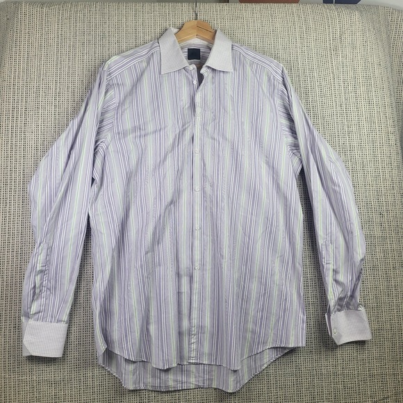 IKE Shirt Mens Large 16.5 Purple Green Striped Button Down Dress Cotton Peru - Picture 1 of 9